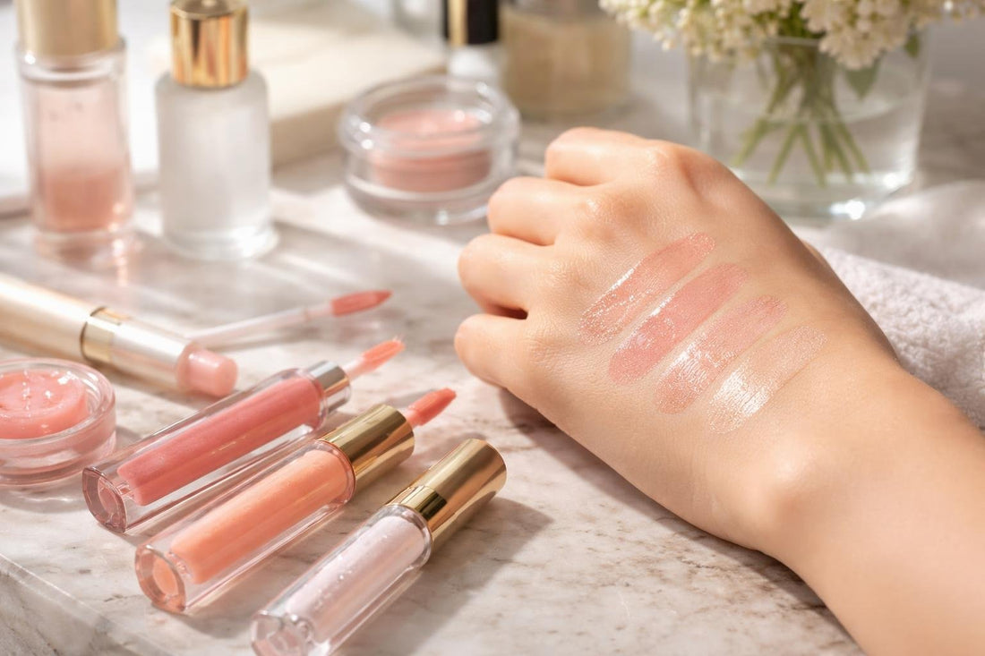 Close-up of hydrating lip gloss swatches on hand