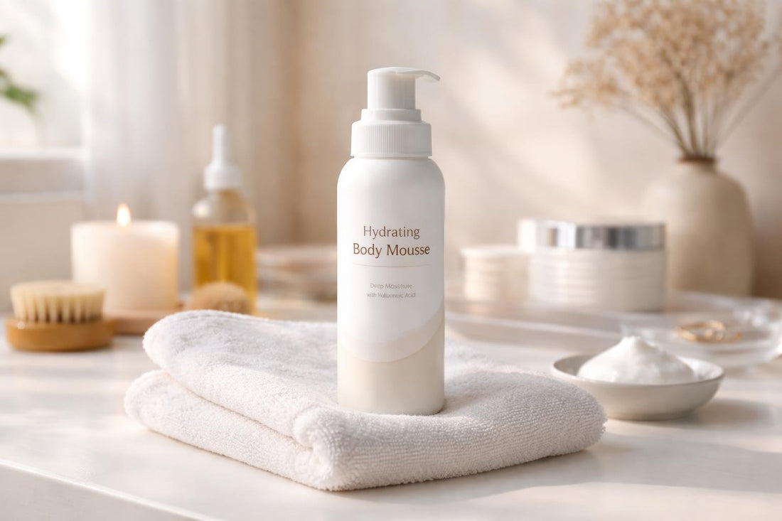 Hydrating body mousse bottle on towel