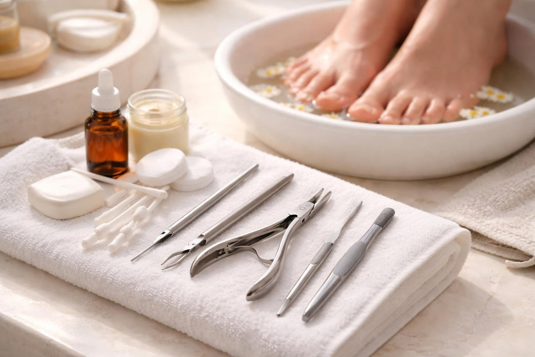 Beginner using ingrown toenail tools after a warm soak