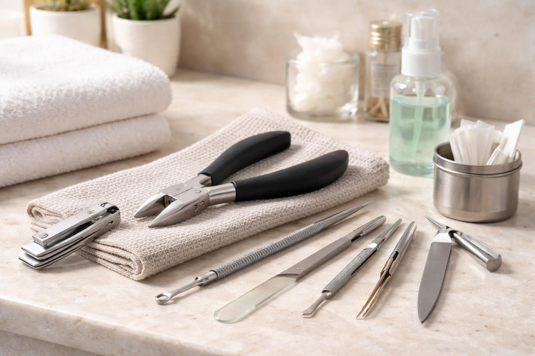 collection of ingrown toenail tools and clippers