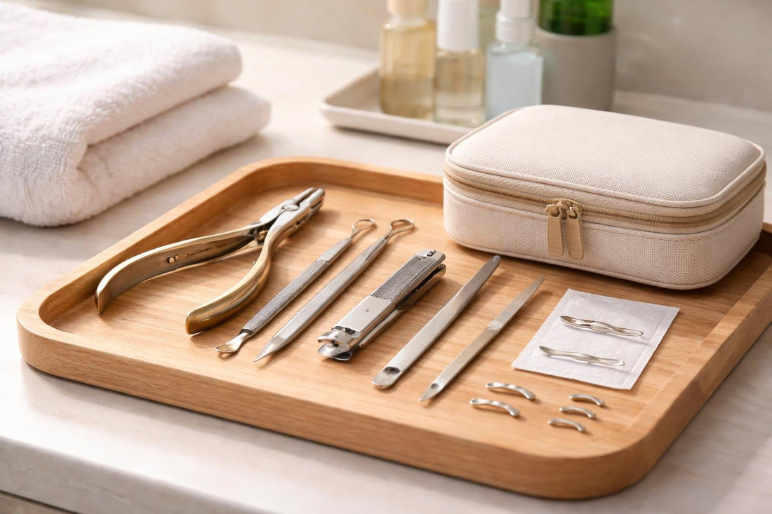 ingrown toenail tool set on wooden background