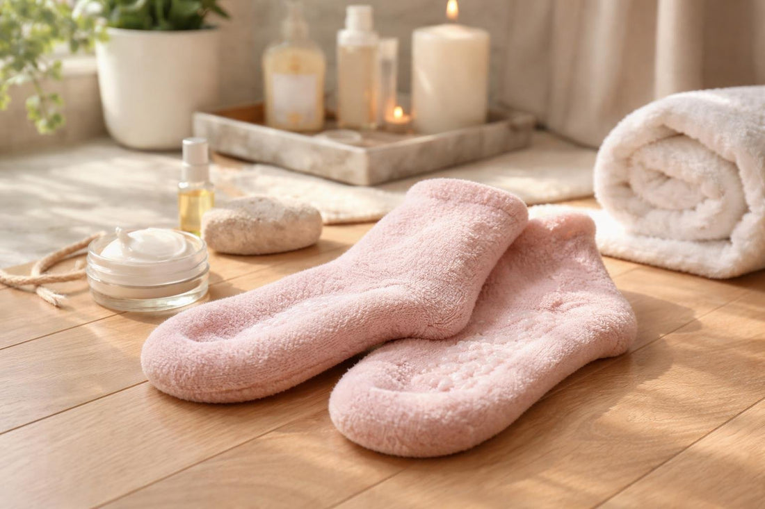 pair of intensive moisturizing socks on hardwood floor