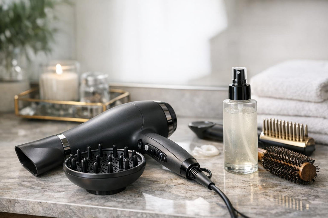 Ionic hair dryer with diffuser and heat protectant on counter
