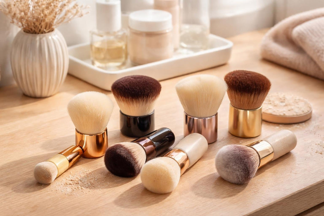 Kabuki makeup brush collection on wooden tabletop