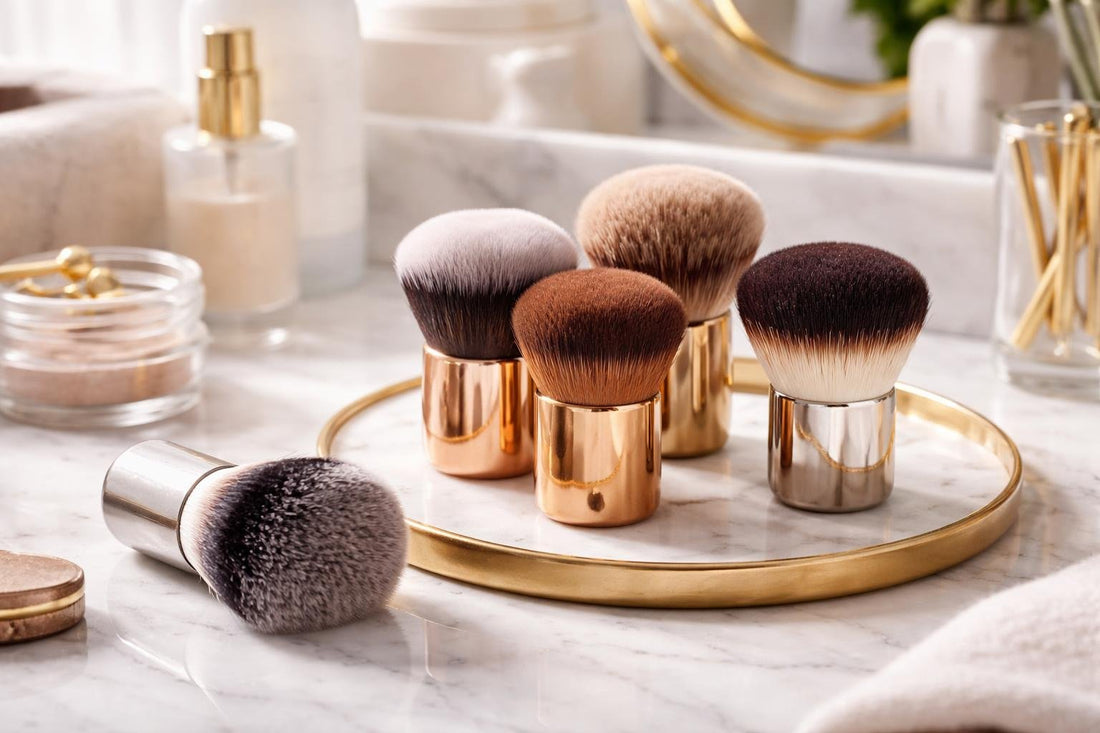 Close-up kabuki brush set on vanity in Toronto