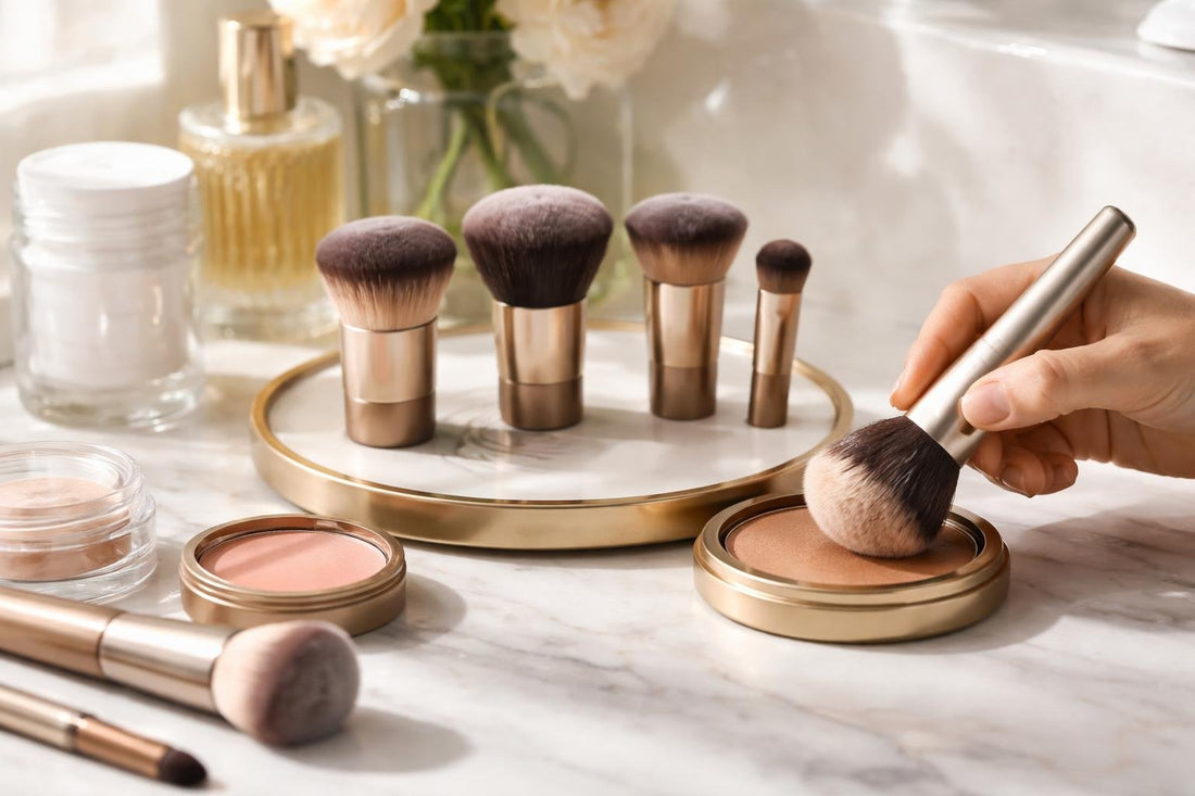 Kabuki makeup brush set blending powder and bronzer smoothly