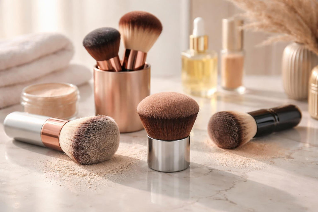 Kabuki makeup brushes blending powder for smooth finish