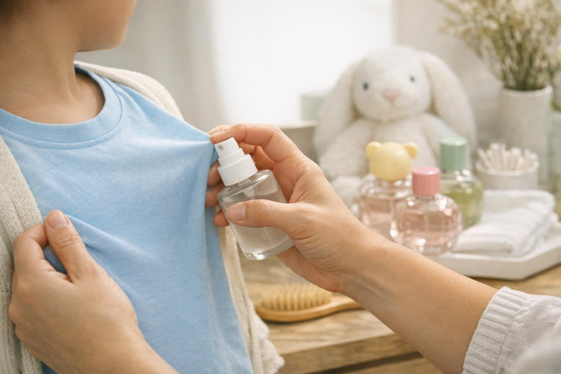 Parent applying a light kids fragrance on clothing