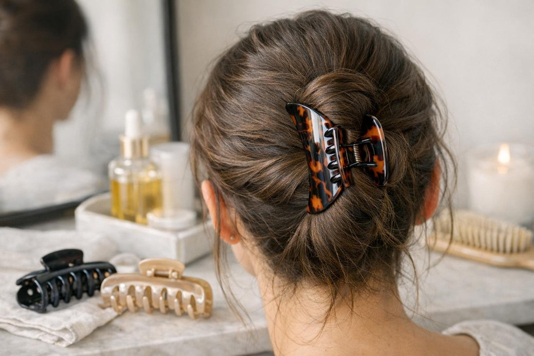 Large claw clip holding thick hair in a twist
