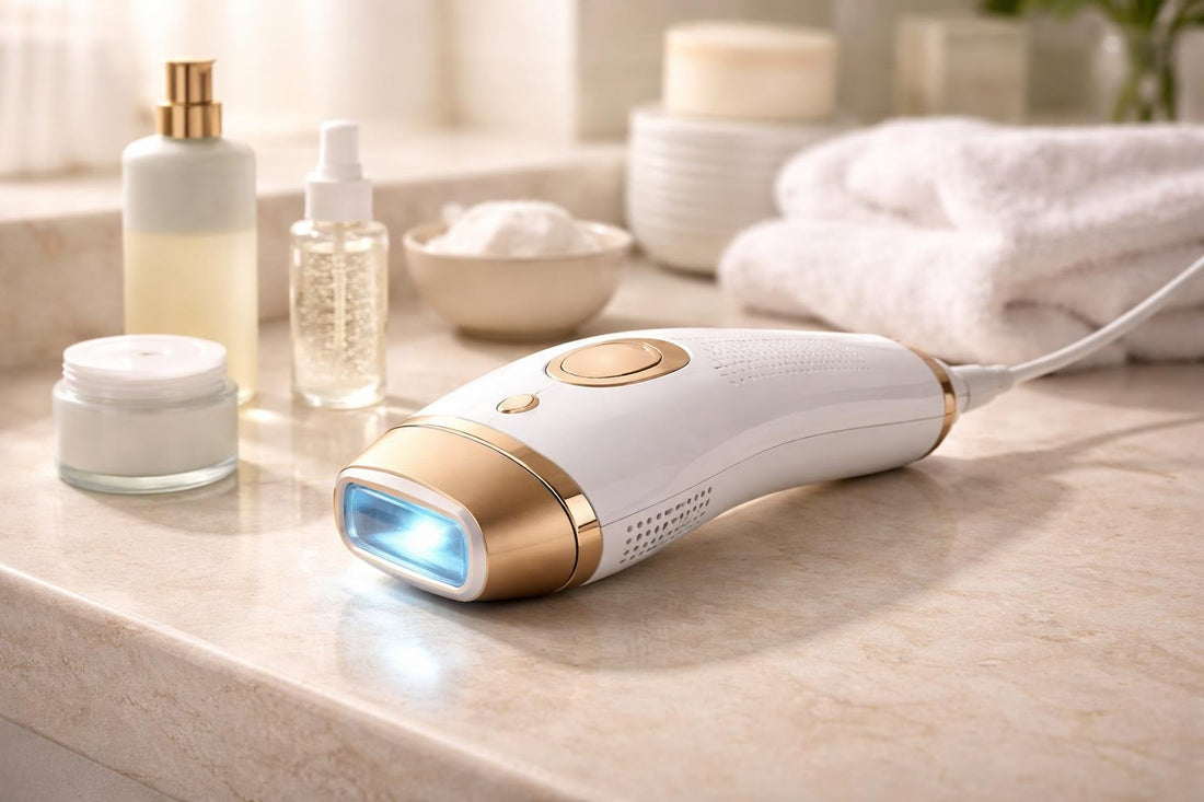 At-home IPL device with cooling head on neutral surface