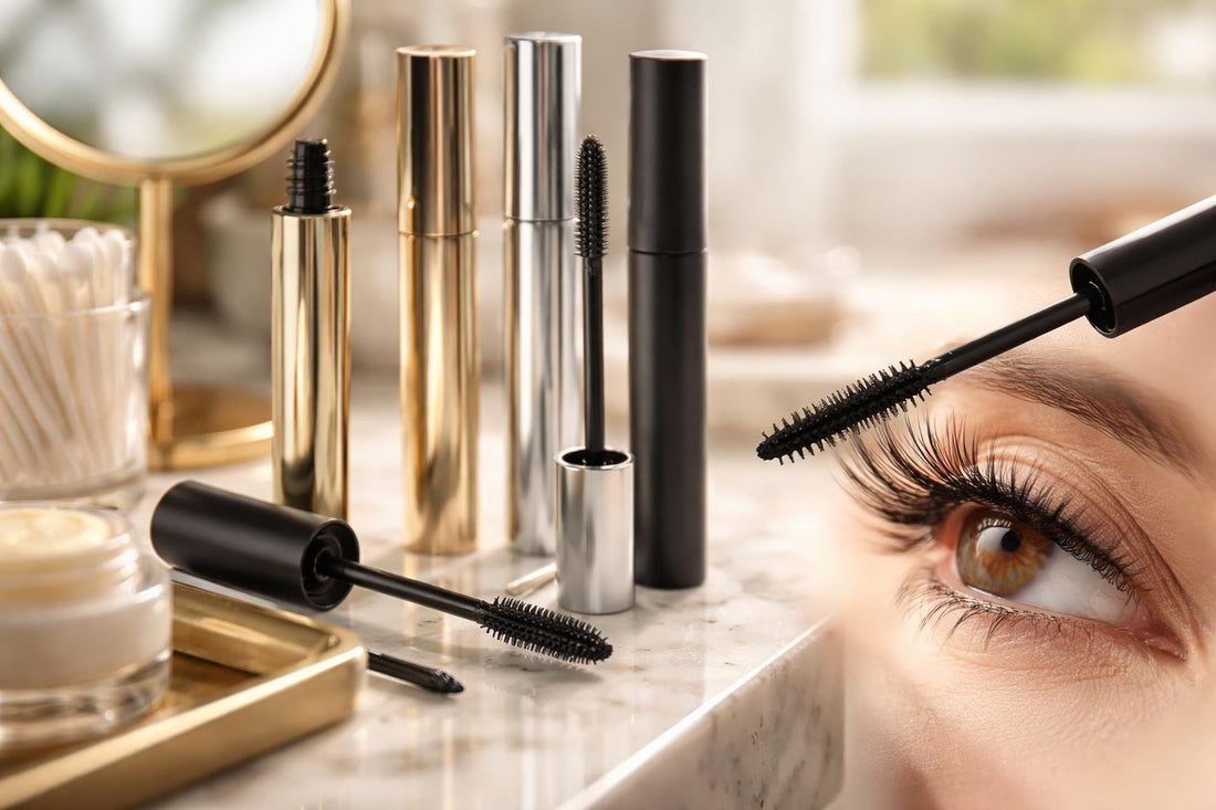 mascara wand close-up with lashes applying product