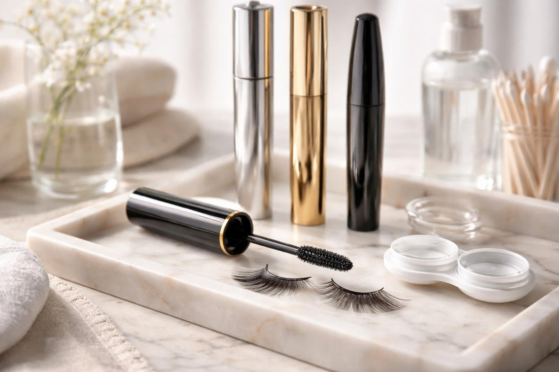 Close-up of mascara wand and lashes