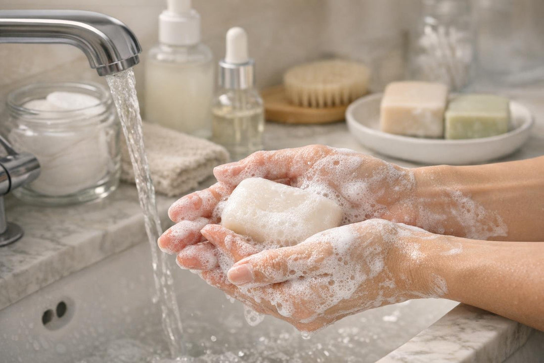 Hands lathering a facial cleansing bar at sink