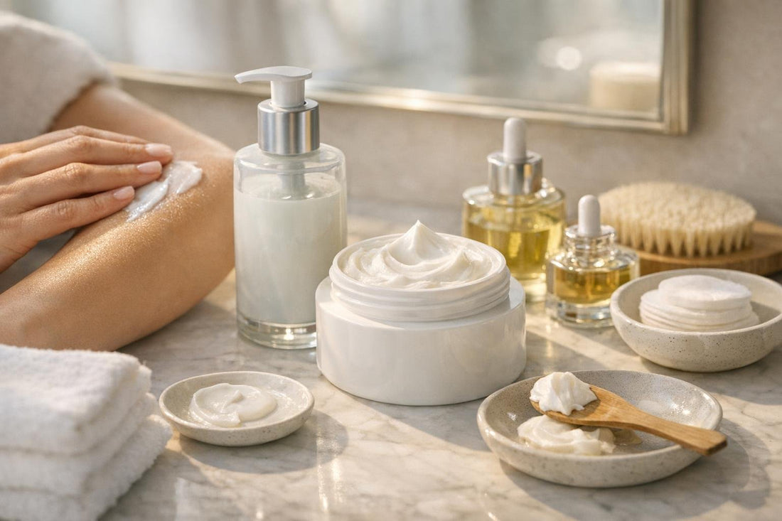 Layering body cream and moisturizer on dry skin