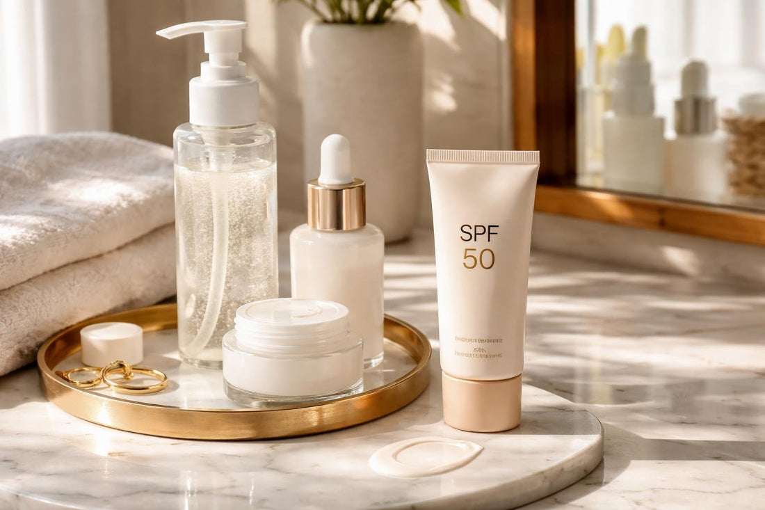 Layered morning skincare with sunscreen as final step