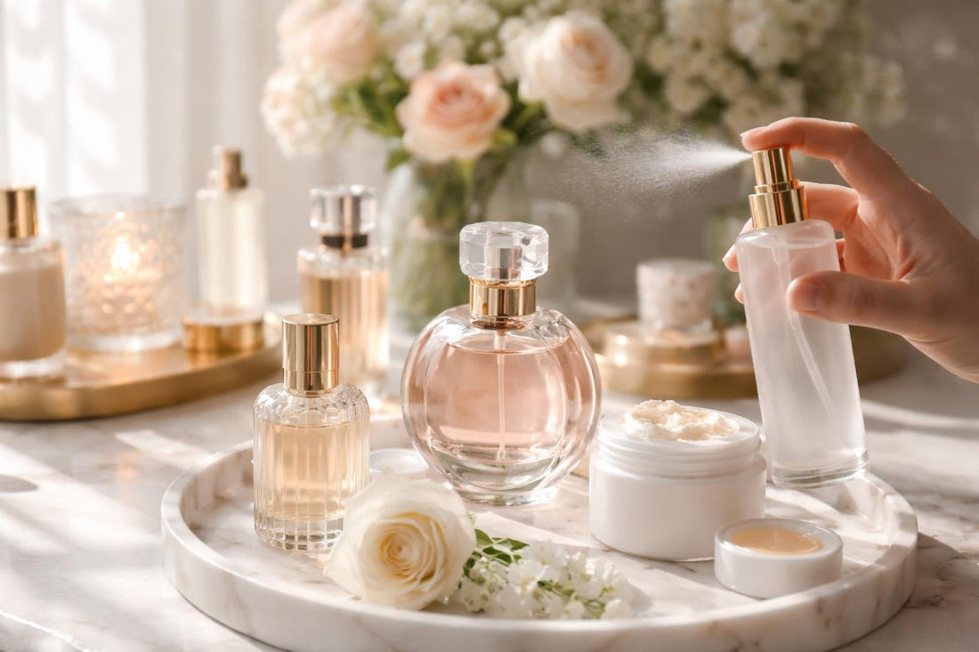Layered women’s fragrance routine with mist and perfume