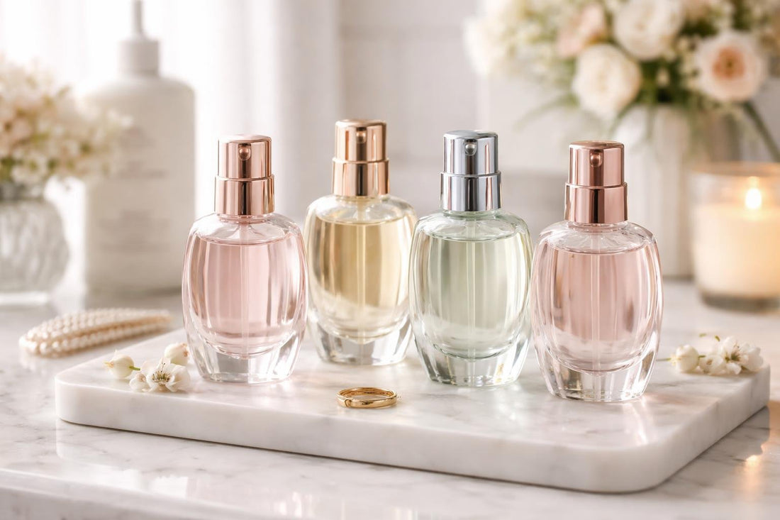 Layered women’s eau de toilette sprays on vanity