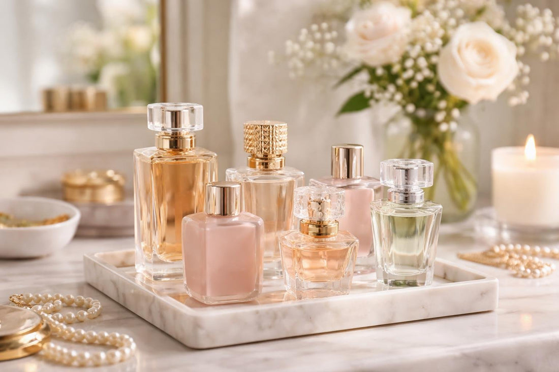 Layered women’s fragrance set bottles on a vanity tray