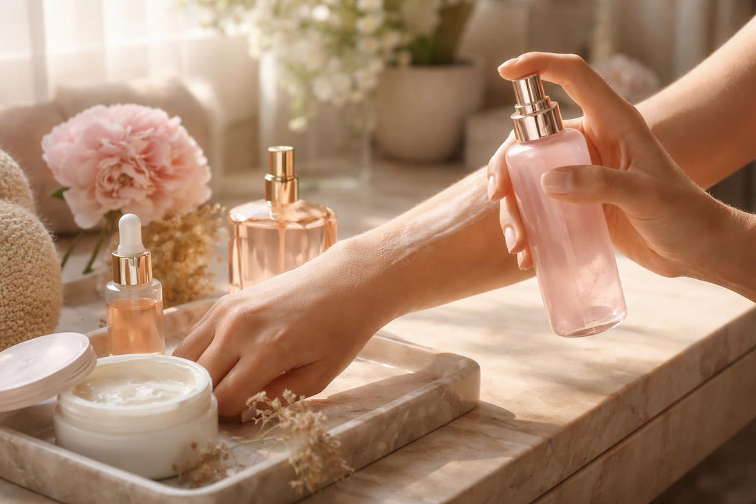 Layering women’s body spray on moisturized skin for longevity