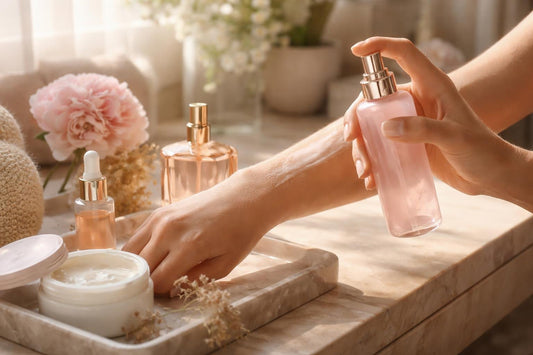 Layering women’s body spray on moisturized skin for longevity