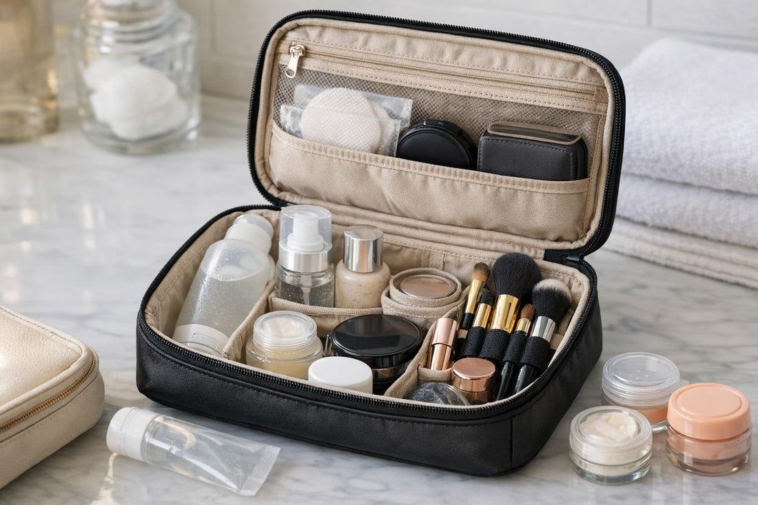 Packed cosmetic travel case with leak-proof bottles and brushes