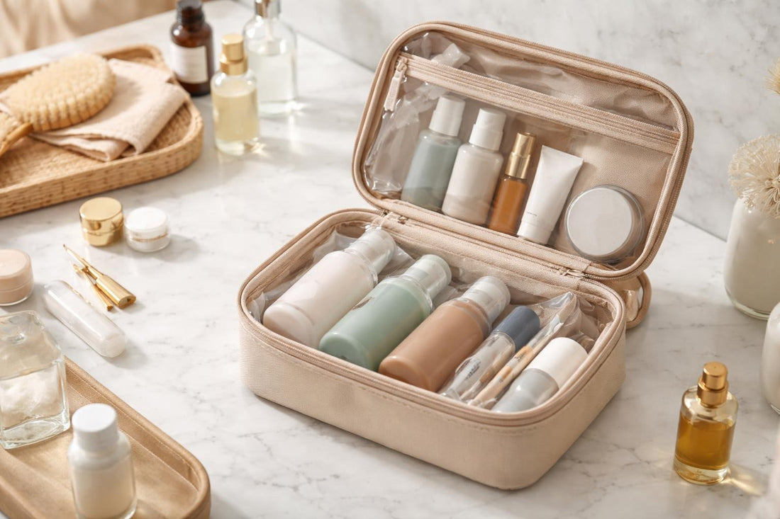 Neatly packed toiletry bag with leak-proof travel bottles