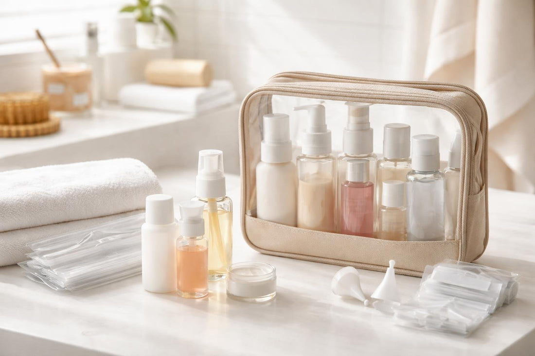 Leakproof travel toiletry kit with small bottles and zip bags
