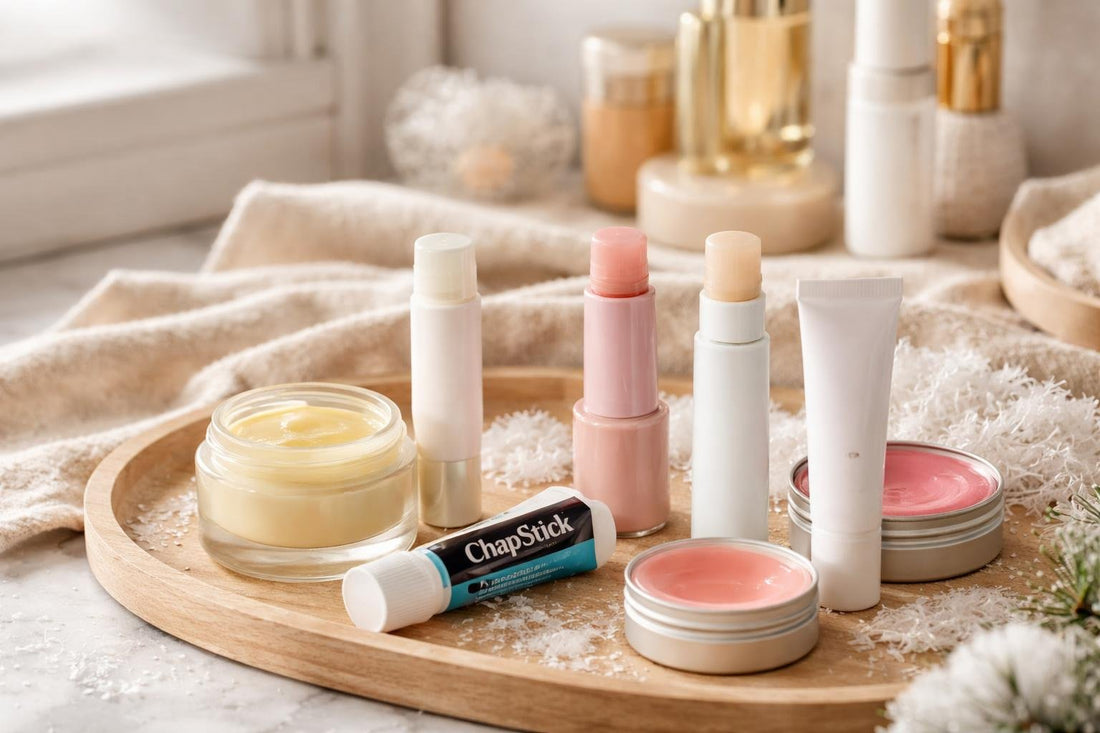 Winter lip balms and moisturizers collection close-up