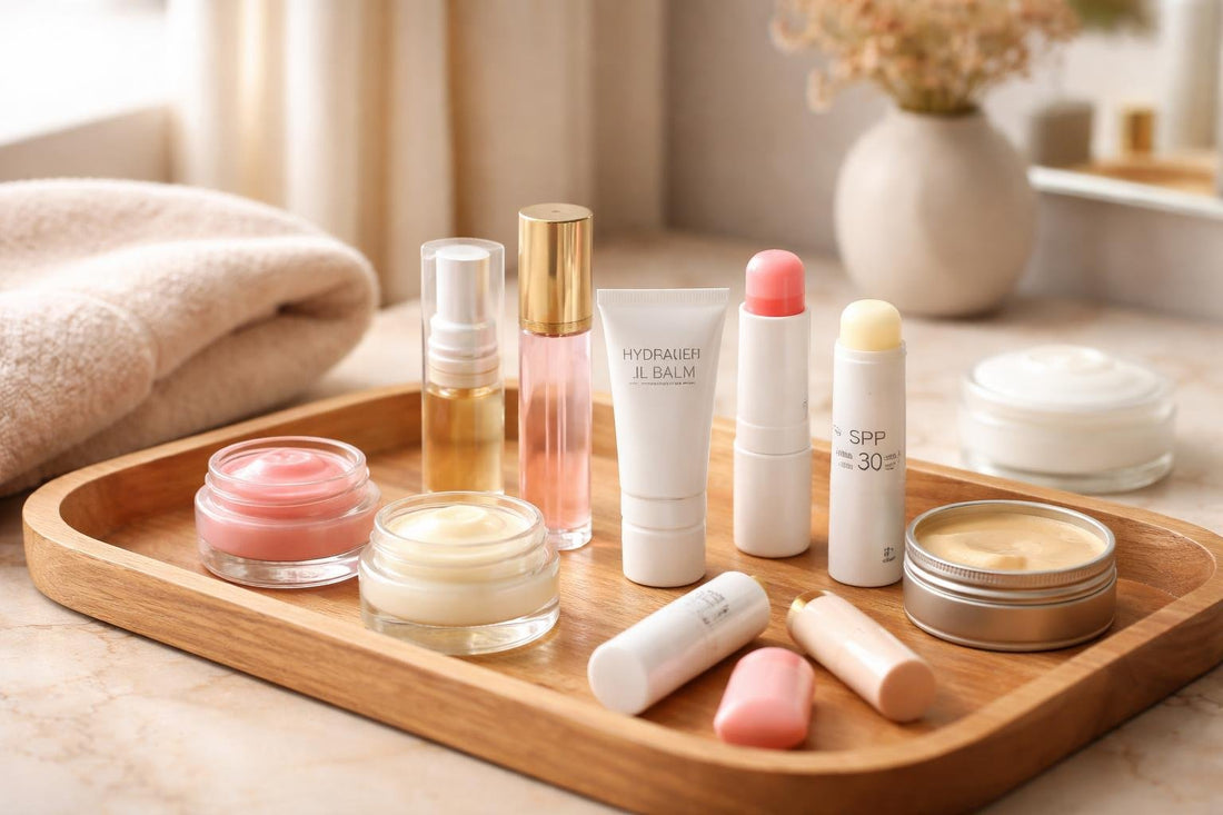 Assorted lip balms and moisturizers on a wooden table