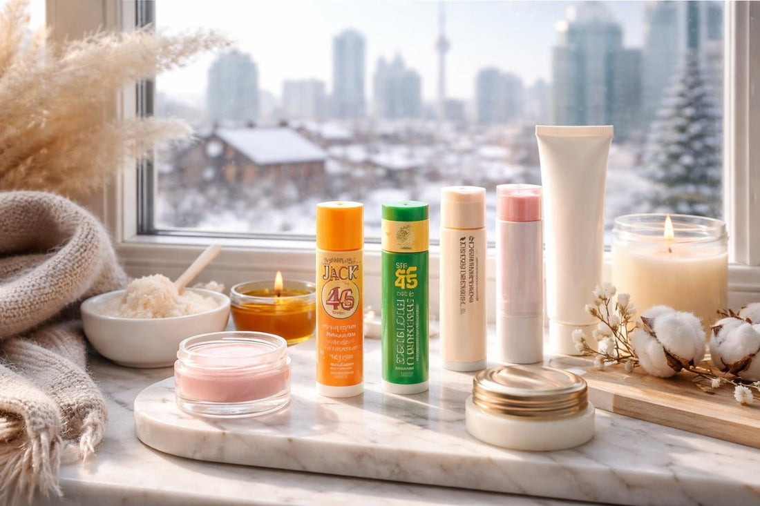 Winter lip care products on Toronto windowsill