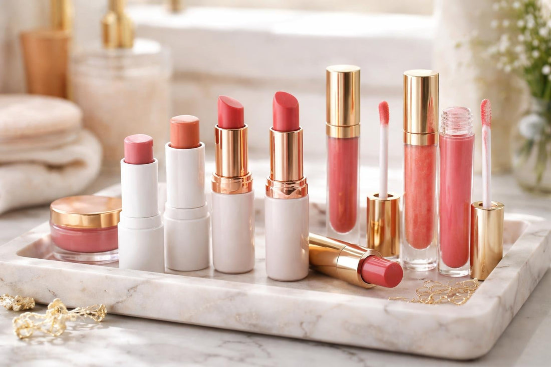 Assorted lipsticks and glosses for sensitive lips