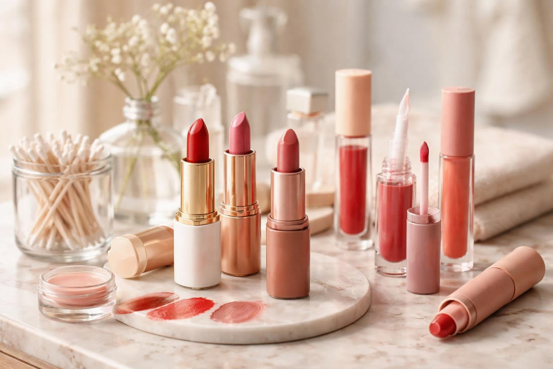 Close-up of lipsticks and tints on table