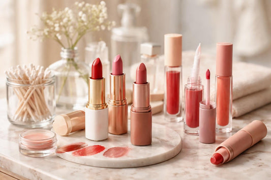 Close-up of lipsticks and tints on table
