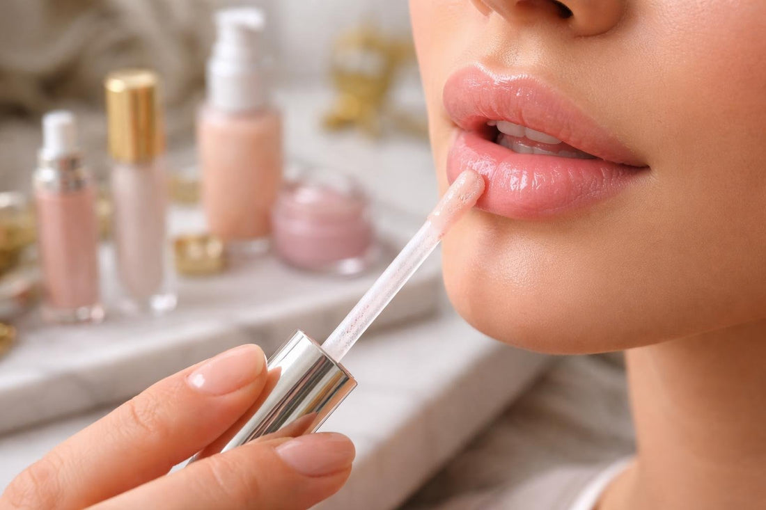 Applying lip plumping gloss carefully within natural lip line