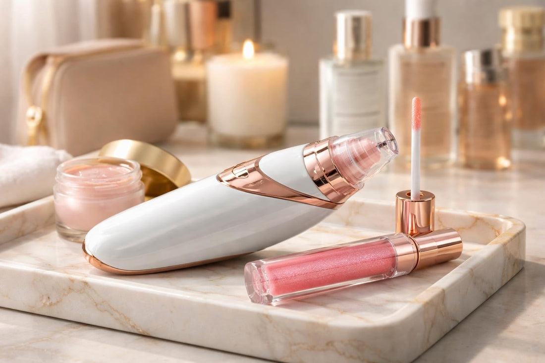 Close-up of lip plumping device and hydrating gloss