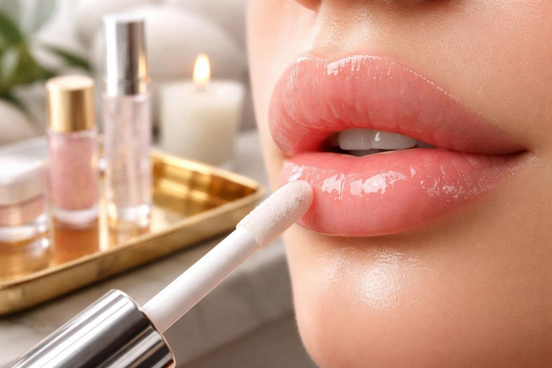 Close-up of glossy plumped lips with serum