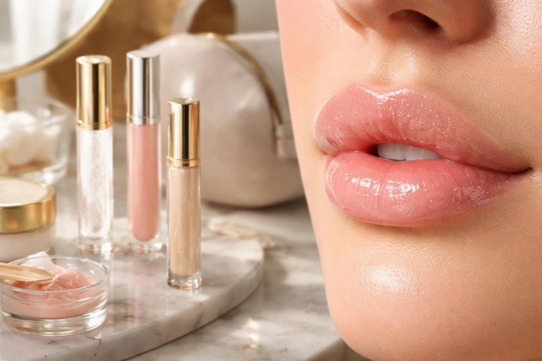 Close-up of glossy plumped lips with shimmer