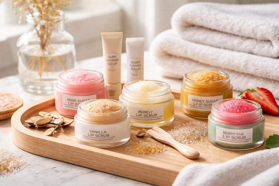 assorted lip scrubs and balms on wooden table