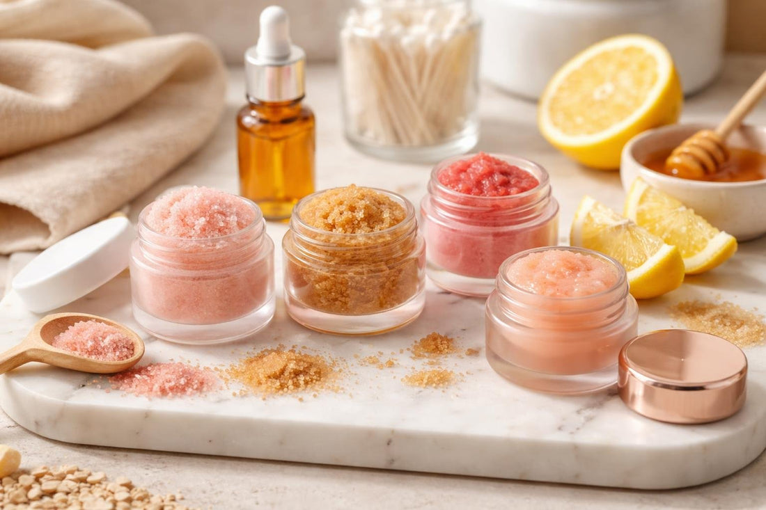 Assorted lip scrubs and natural exfoliants on tray