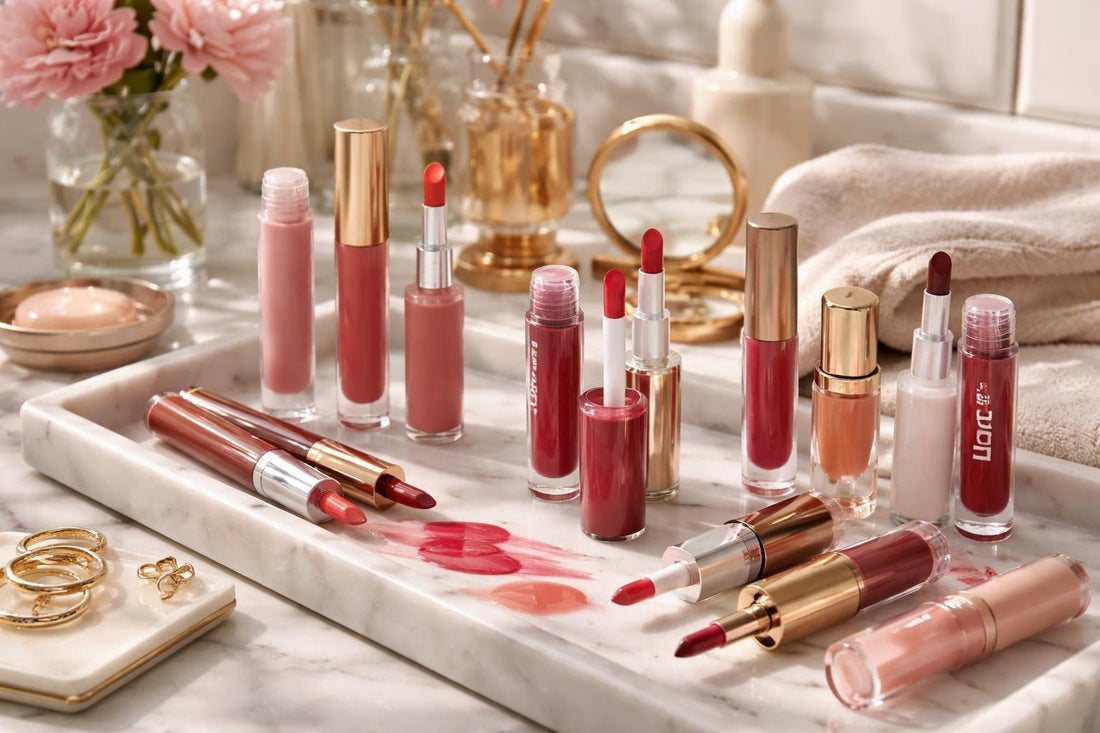 Long wear lip stains and alternatives flatlay Toronto