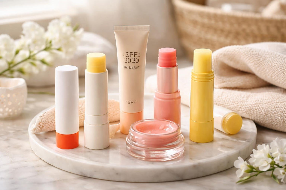 close-up of lip balm and sunscreen products