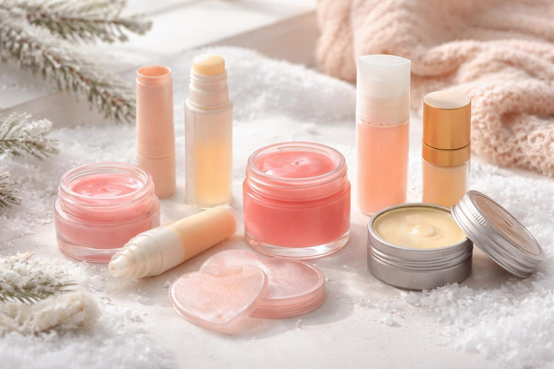 Assorted lip balms and patches on snowy surface