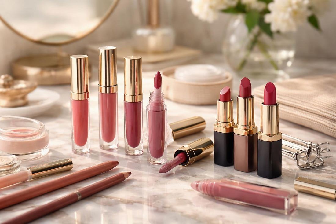 Assorted long-wear lipsticks and application tools