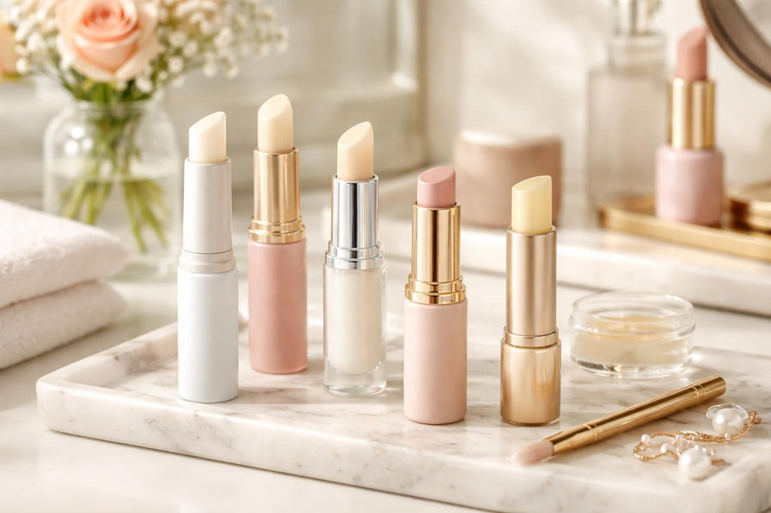 assorted lipstick primers and tools on vanity