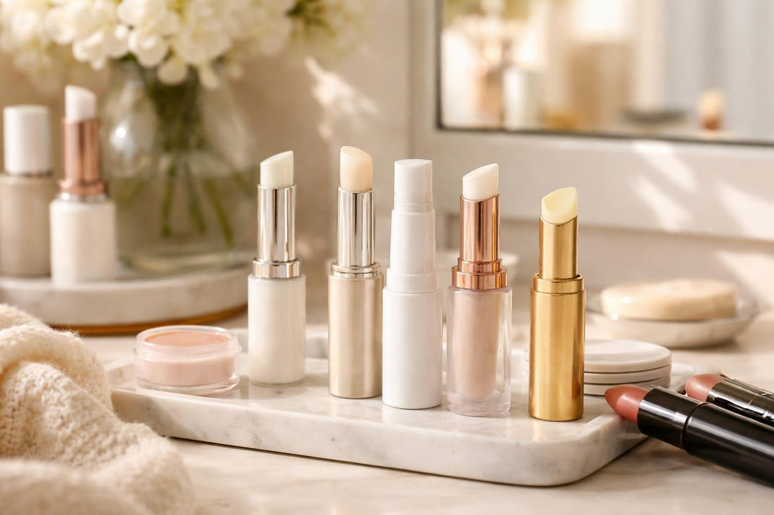 Winter lipstick primer collection on a vanity