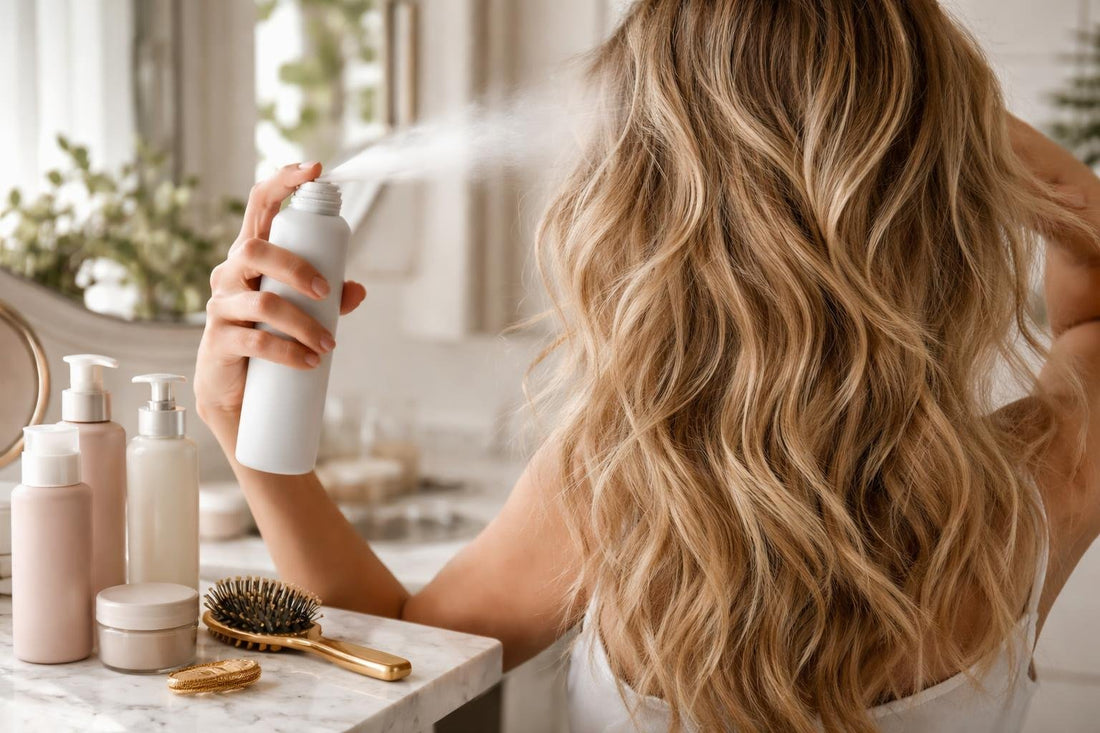 Texturizing spray creating lived-in waves on layered hair