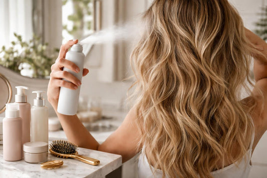 Texturizing spray creating lived-in waves on layered hair