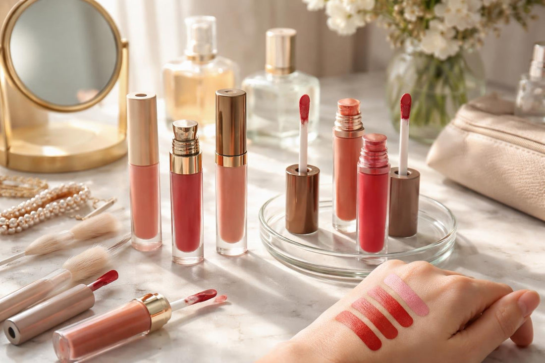 Assorted long wear lip stains and swatches on hand