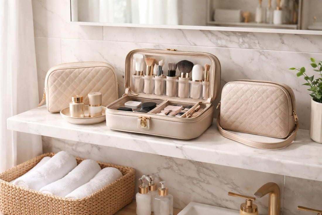 organized makeup bags on small bathroom shelf
