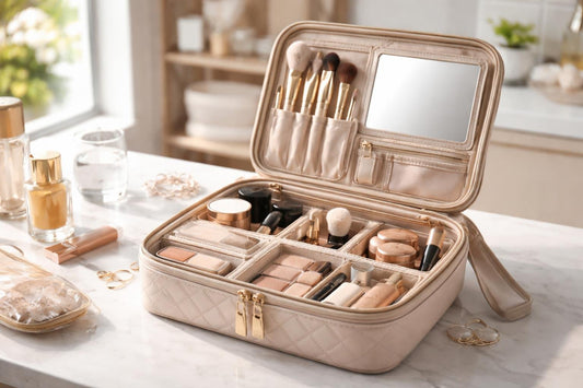organized travel makeup bag with compartments and mirror